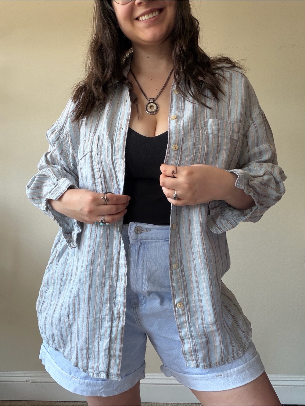 Wrap London Light Blue Striped Button-Down Shirt with Cream & Tan Accents